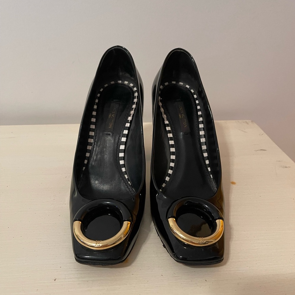 Louis Vuitton Black Heels with Gold Accent